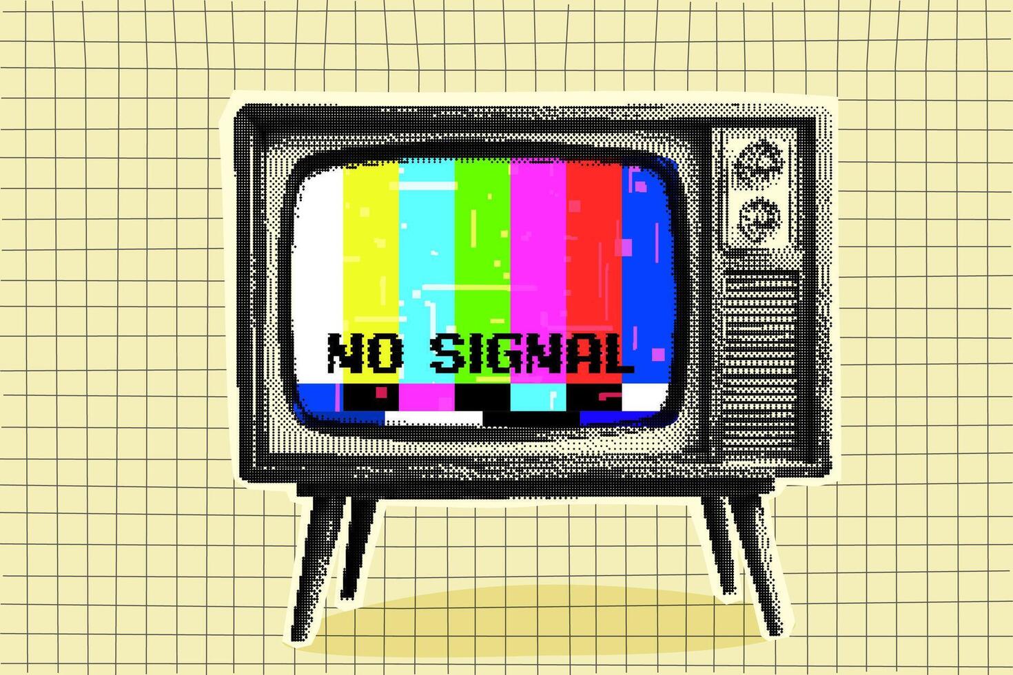 Old TV halftone cutout collage. No Signal. Mixed media design. vector