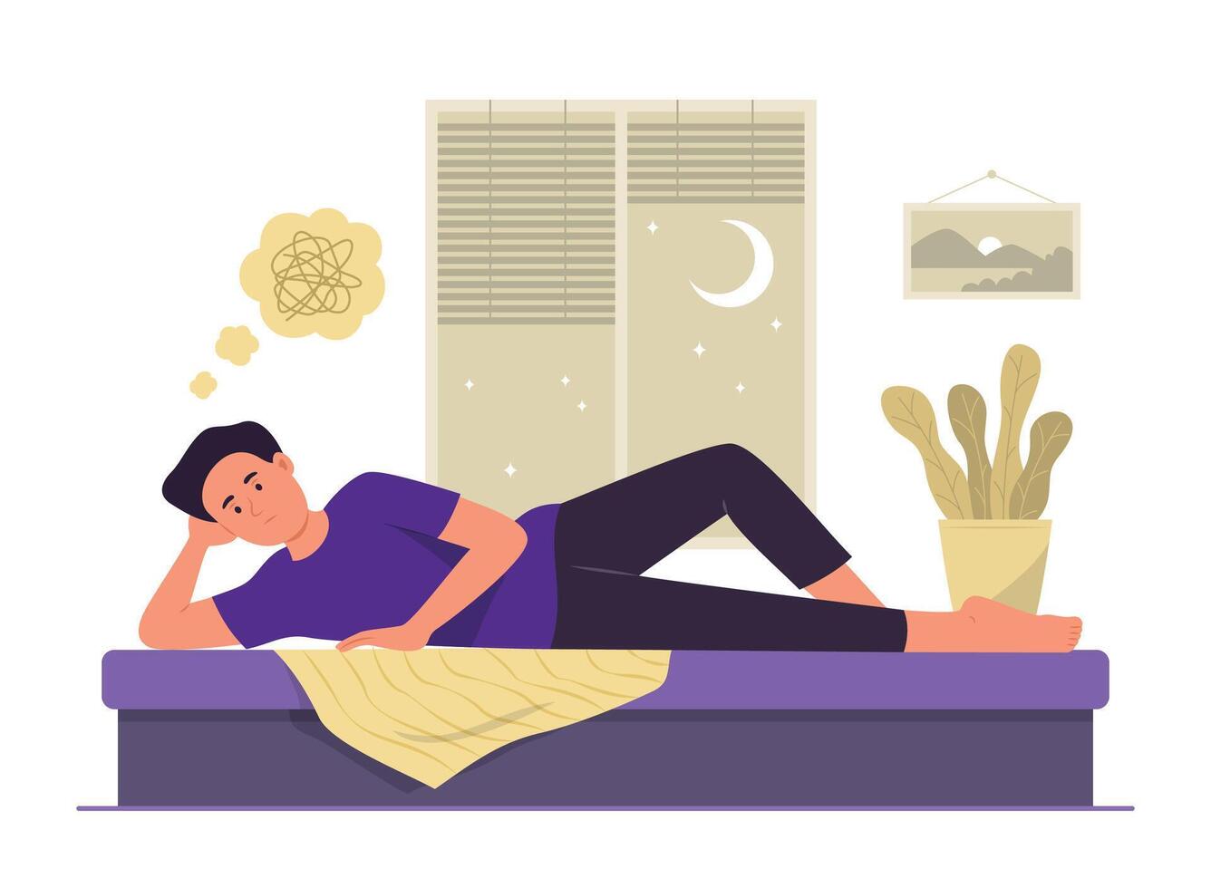 Insomnia Man Lying in Bed with Stress Feeling for Sleepless Concept Illustration vector