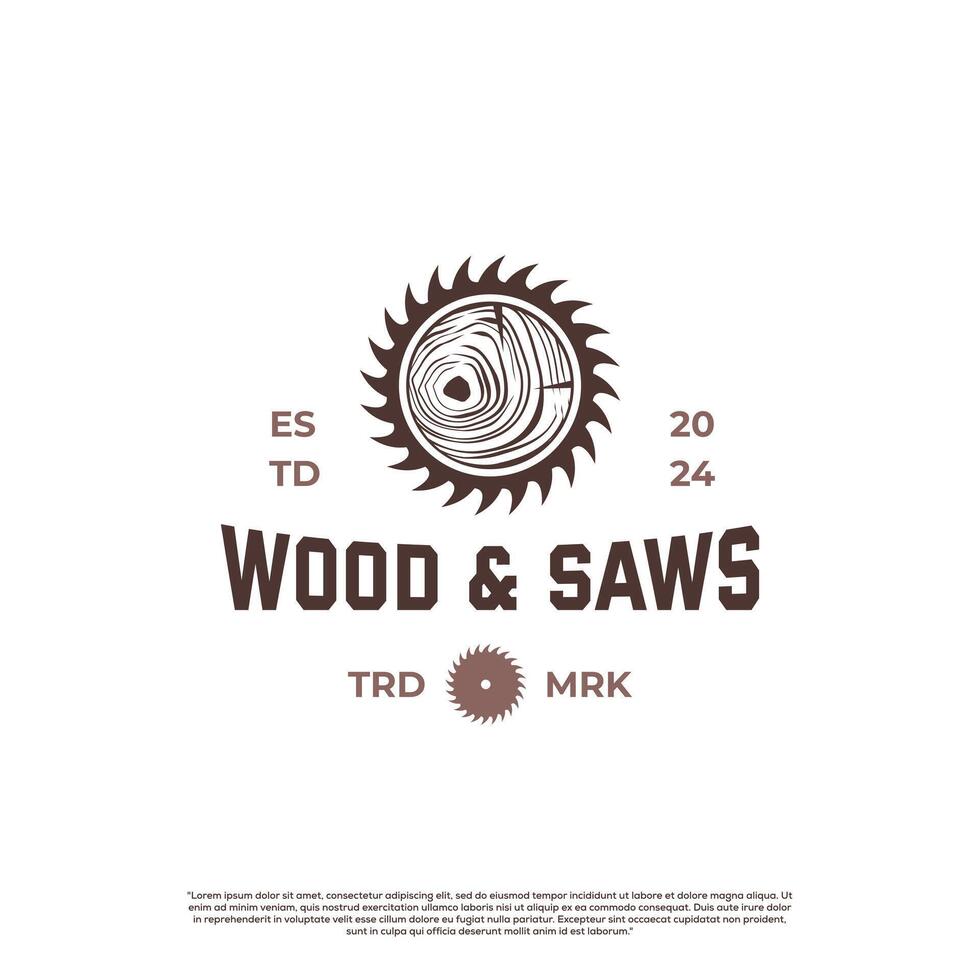 Woodworking logo with saw blade and tree line icon retro hipster vintage vector
