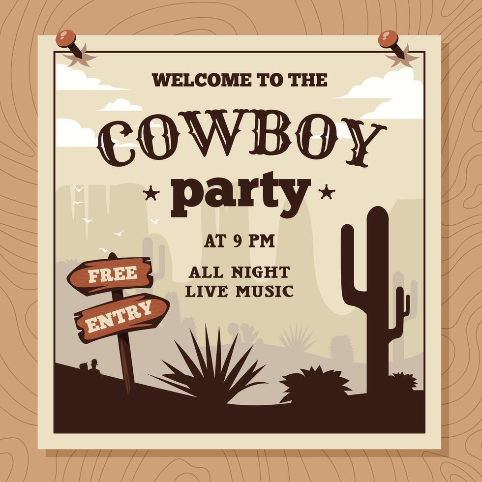 Wild West cowboy party invitation poster. Wild west cowboy party announcement with lettering in western style. A desert and cactus silhouettes landscape with a road sign. Flat illustration. vector