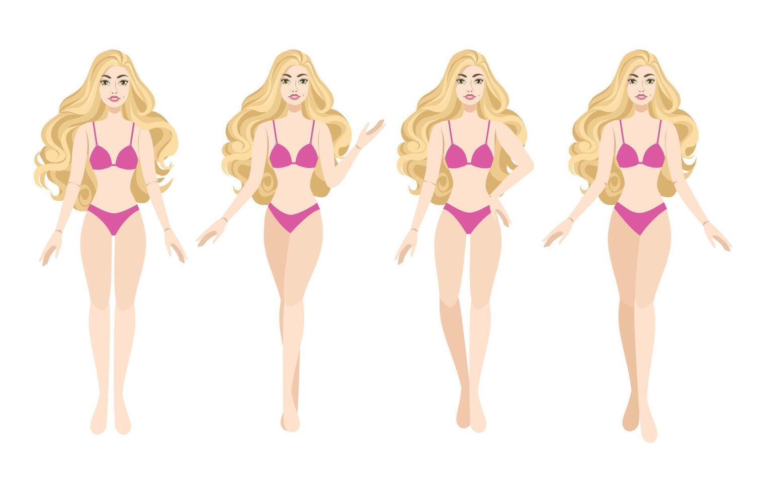 Fashion dolls set in different poses with bikinis vector