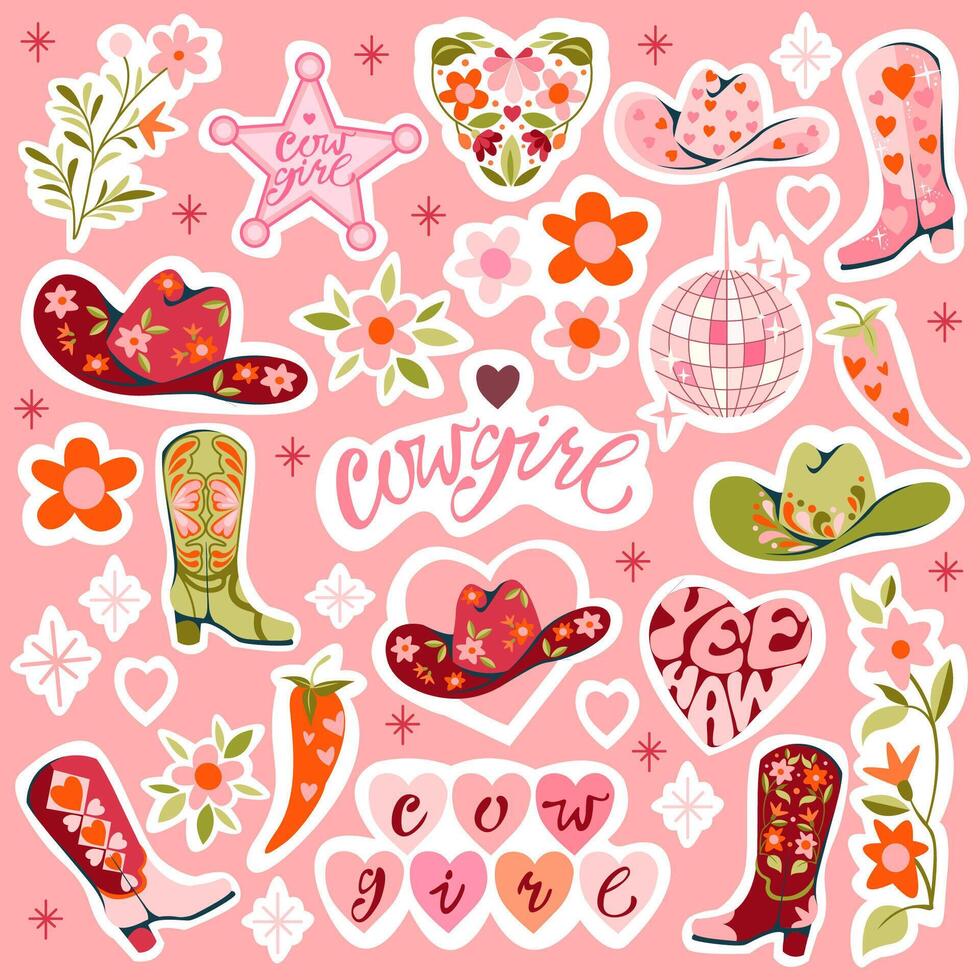 Set of cowgirl pink sticker design elements. Cowgirl boots, cowboy hat