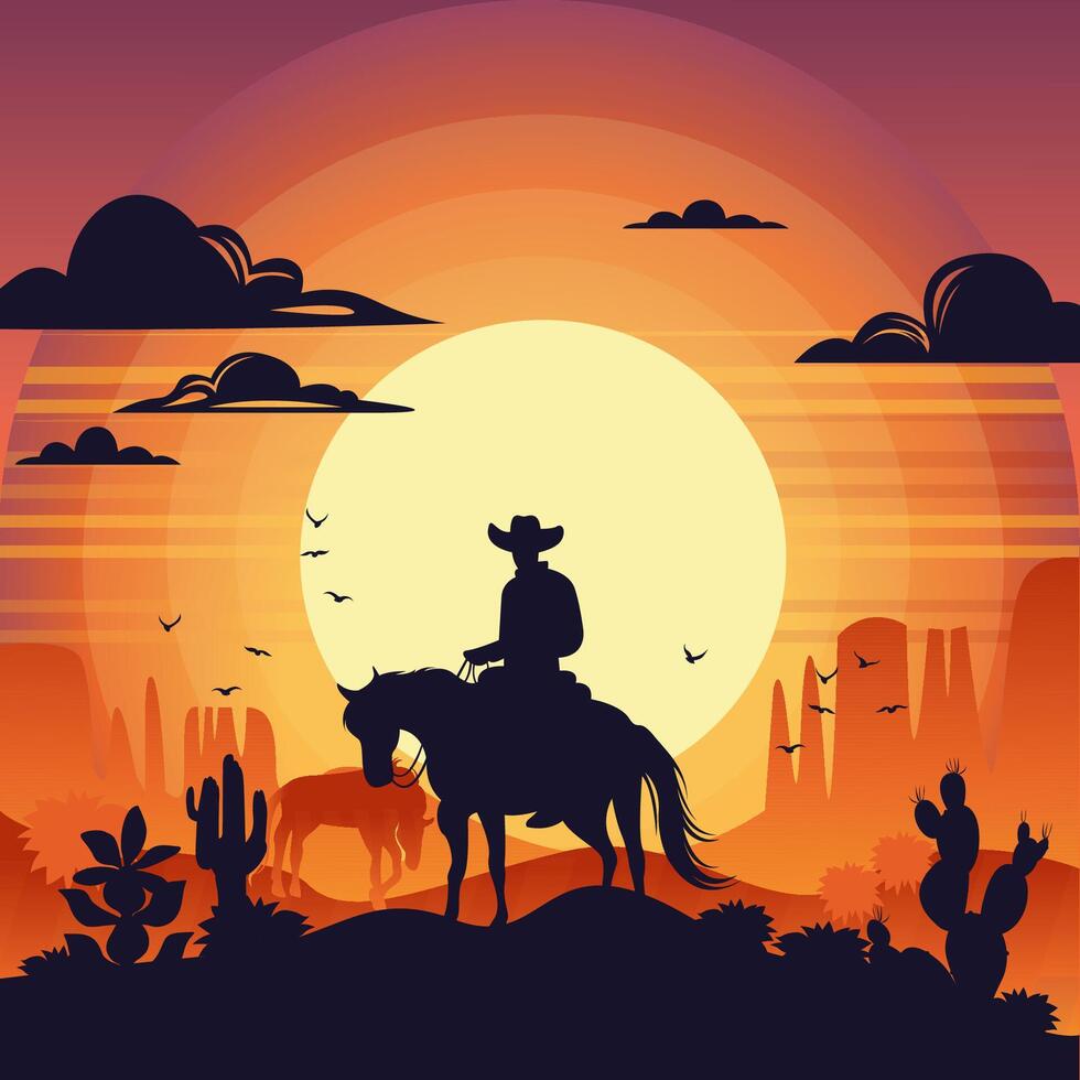 desert sunset landscape with cowboy on horse, mountains, cactus and birds in the sky. Wild West Texas in flat cartoon style. Silhouette . vector
