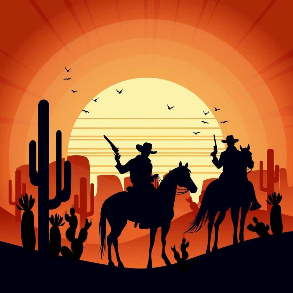 desert sunset landscape with cowboys and pistols on a horse, mountains, cactus and birds in the sky. Wild West Texas in flat cartoon style. Silhouette . vector