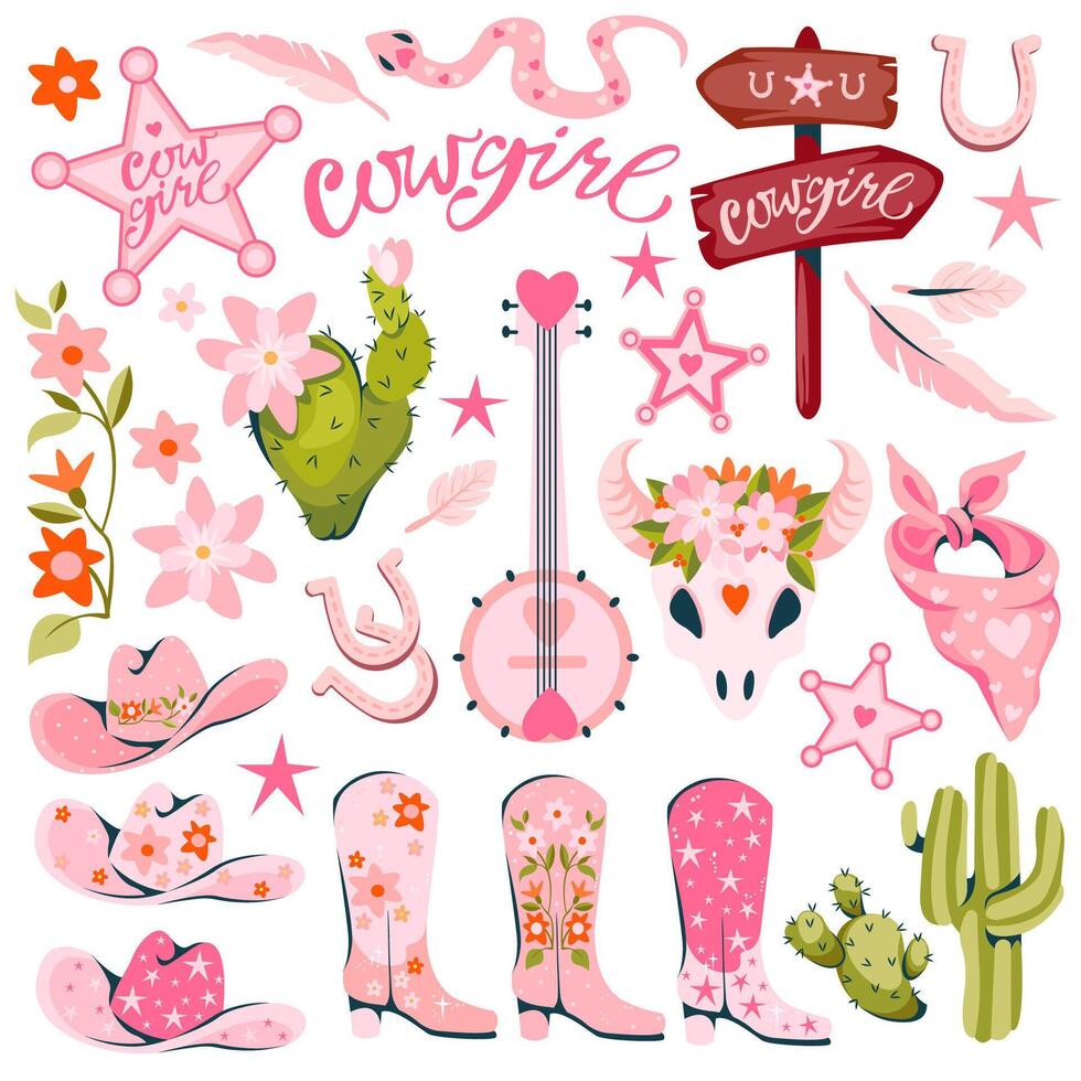 Set of cowgirl pink design elements. Cowgirl boots, hat, horseshoe, bandana, banjo, street sign, cow skull, snake, cactus and lettering. Female cowboy concept. illustration in flat style. vector
