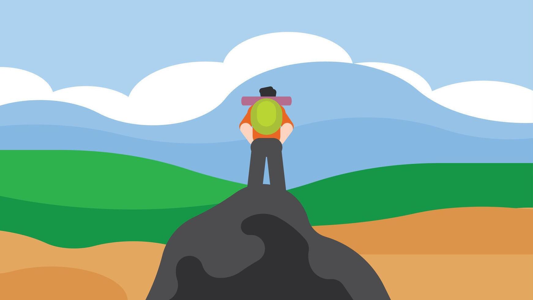 Hiker walking in nature with back bag vector