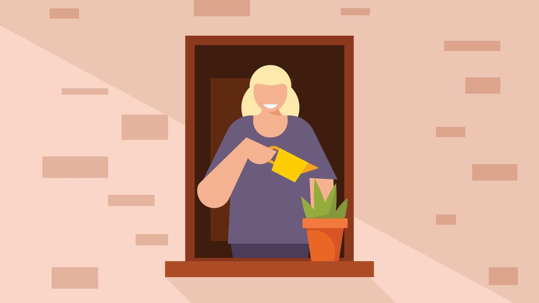 girl waters plant on the window illustration vector
