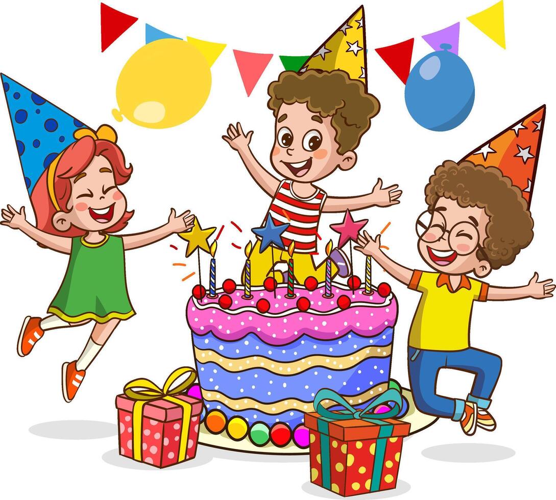 cute kids having fun at birthday party cartoon illustration vector