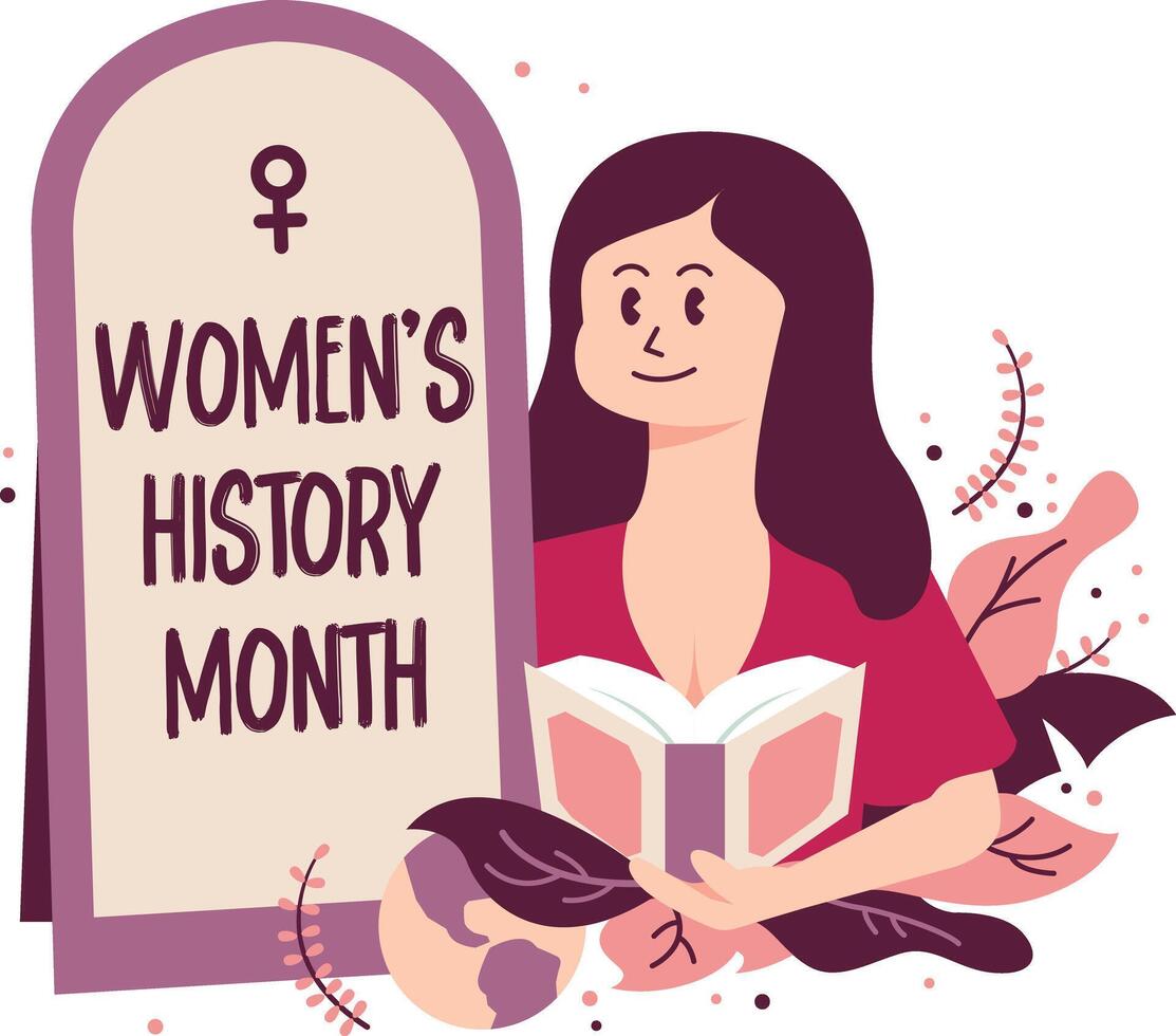 Women's History Month Girl reading book beside mirror with globe vector