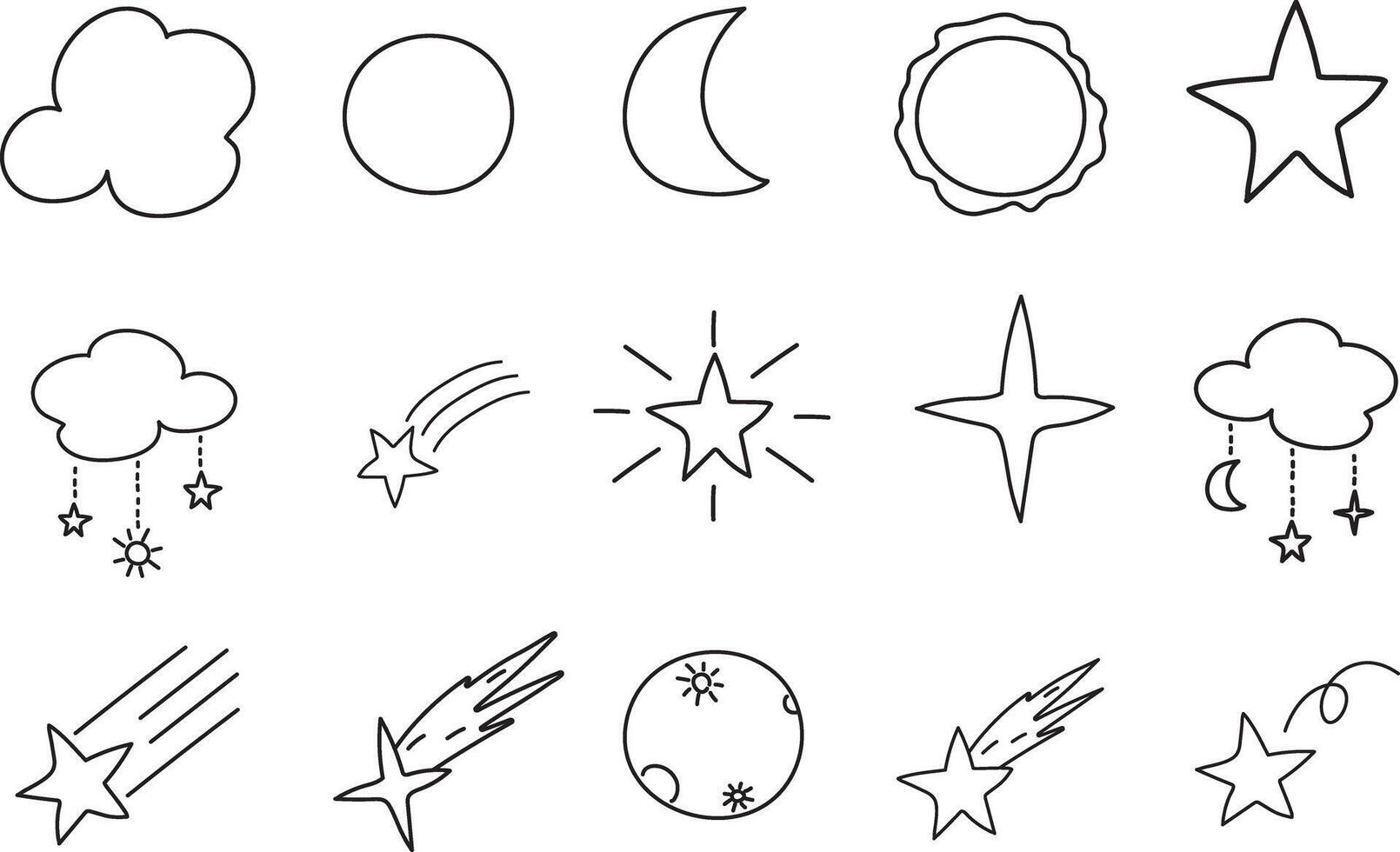 sun moon star cloud hand drawn outline vector