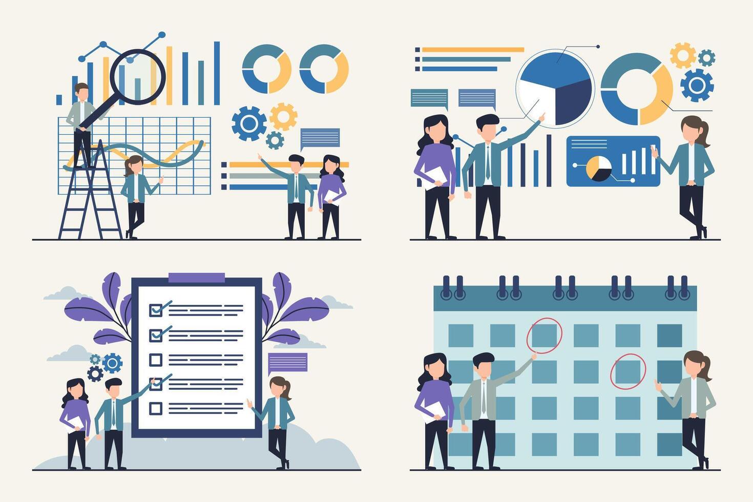Business Data Analysis and Teamwork Illustrations vector