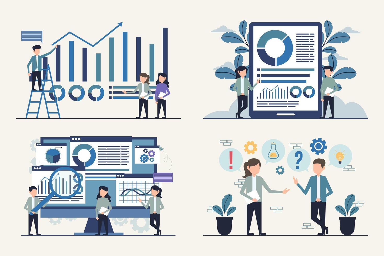 Business Teamwork and Data Analysis Illustration Set vector