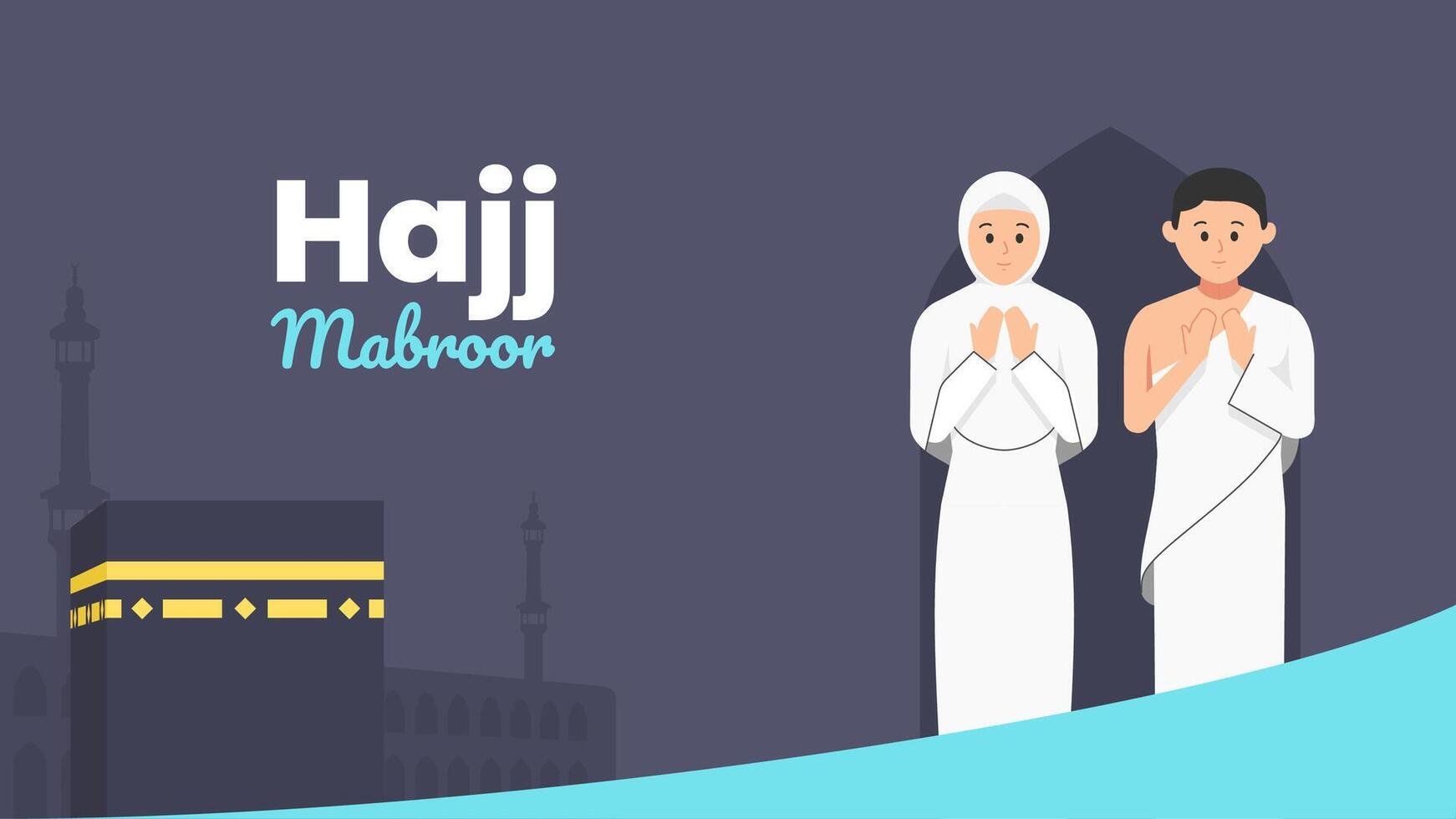 Muslim couple performs Islamic Hajj Pilgrimage. Man and Woman Hajj characters wear ihram clothes. illustration in flat vector