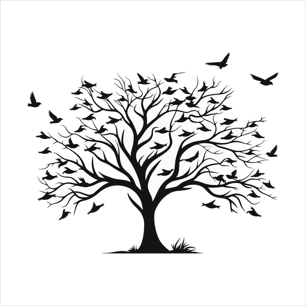 A single black tree silhouettes with birds on white background vector