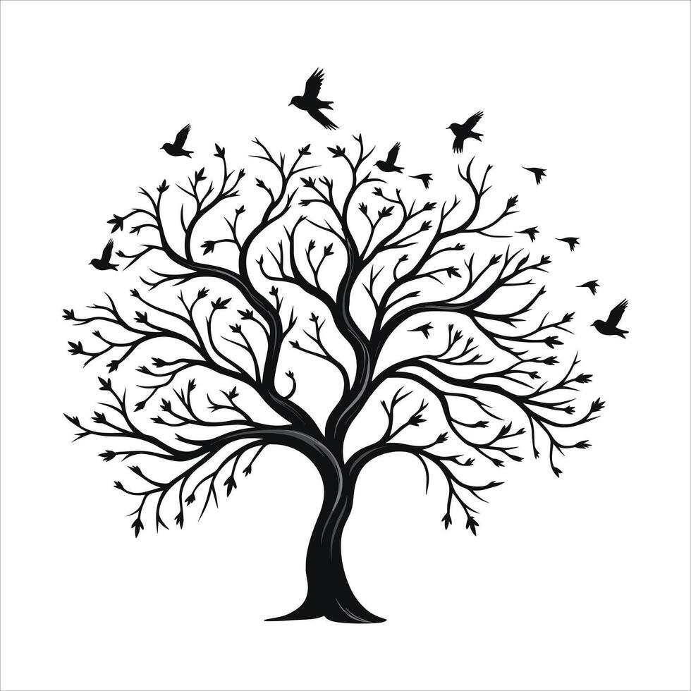A single black tree silhouettes with birds on white background vector