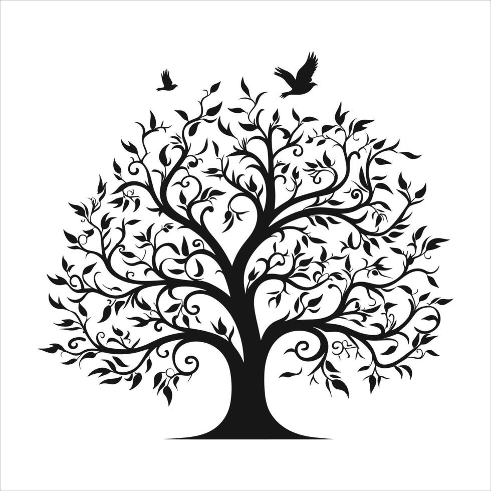 A single black tree silhouettes with birds on white background vector