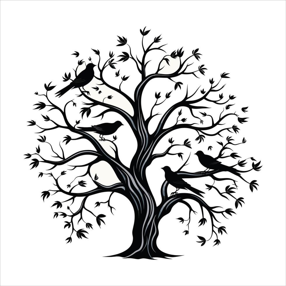A single black tree silhouettes with birds on white background vector