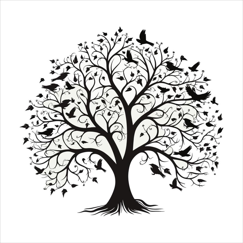 A single black tree silhouettes with birds on white background vector
