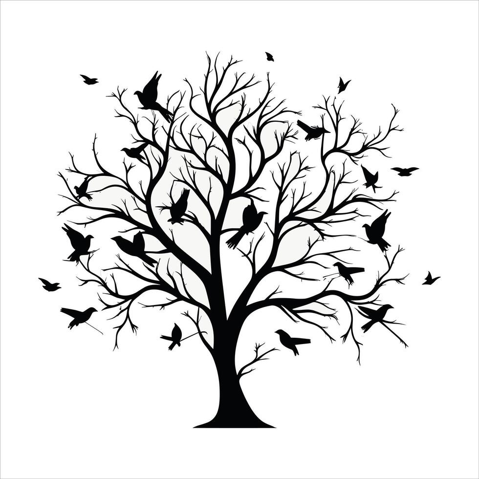 A single black tree silhouettes with birds on white background vector
