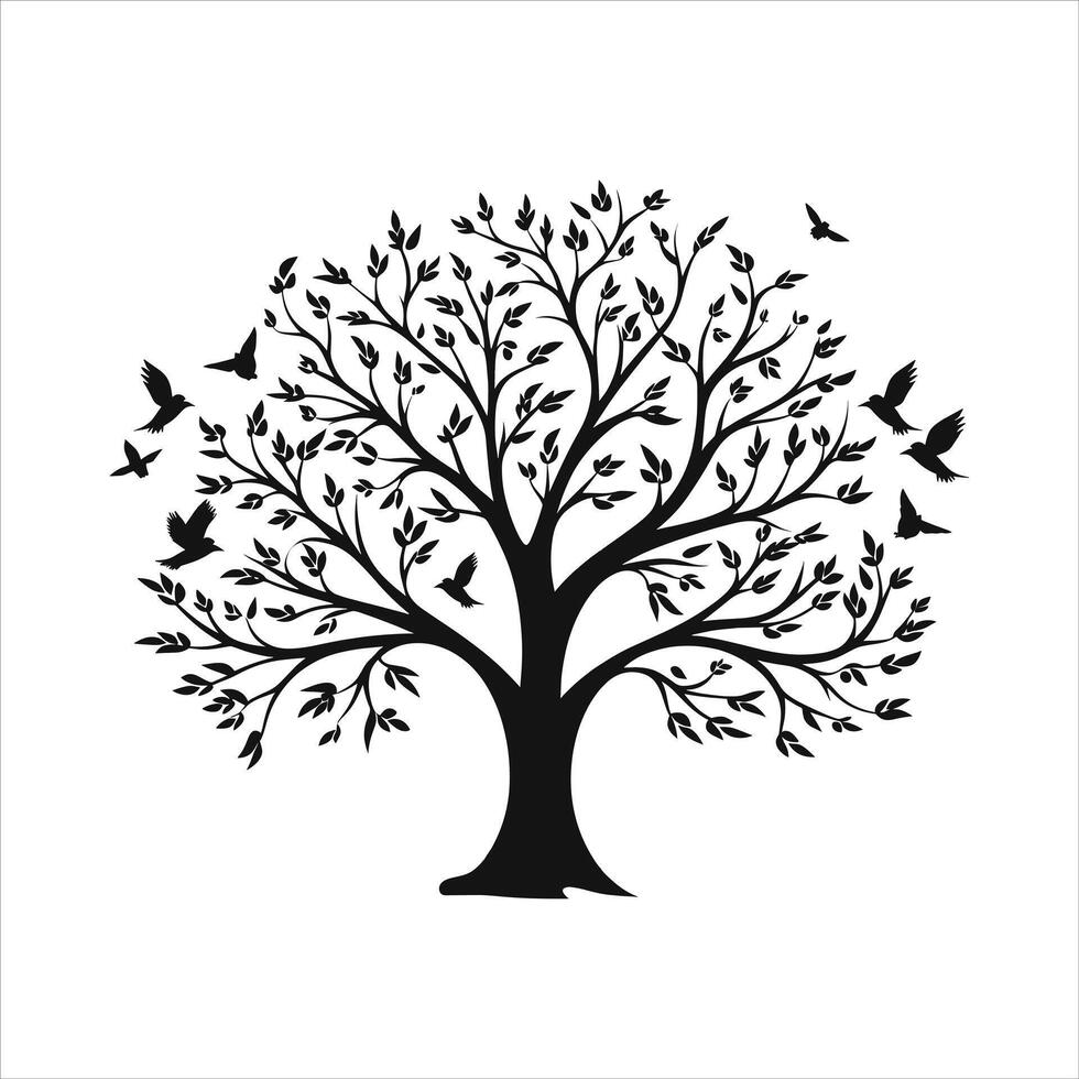 A single black tree silhouettes with birds on white background vector