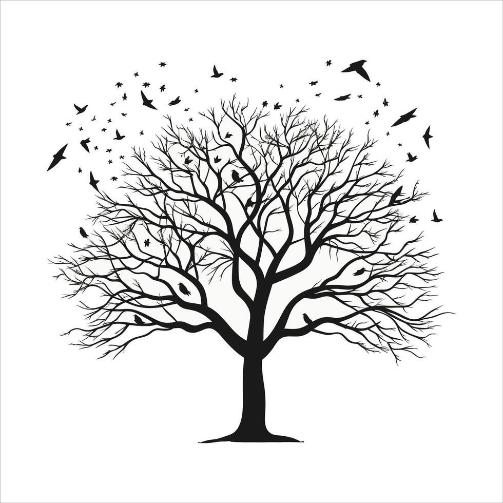 A single black tree silhouettes with birds on white background vector