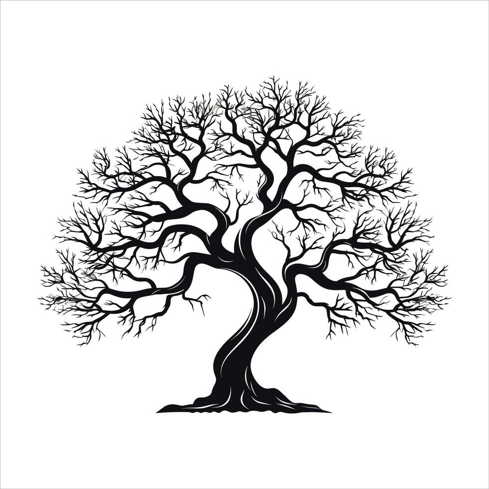 A single black tree silhouettes with birds on white background vector