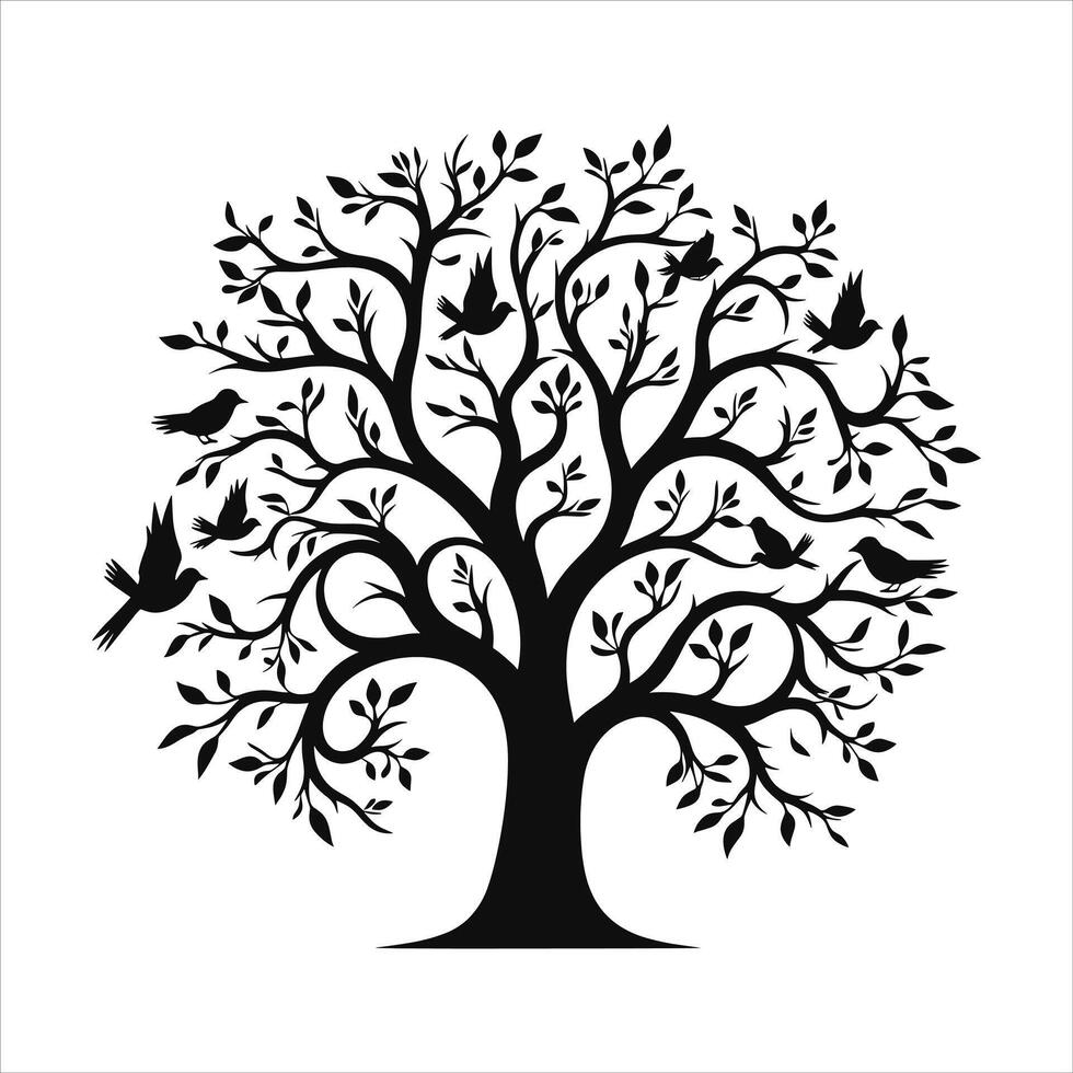 A single black tree silhouettes with birds on white background vector