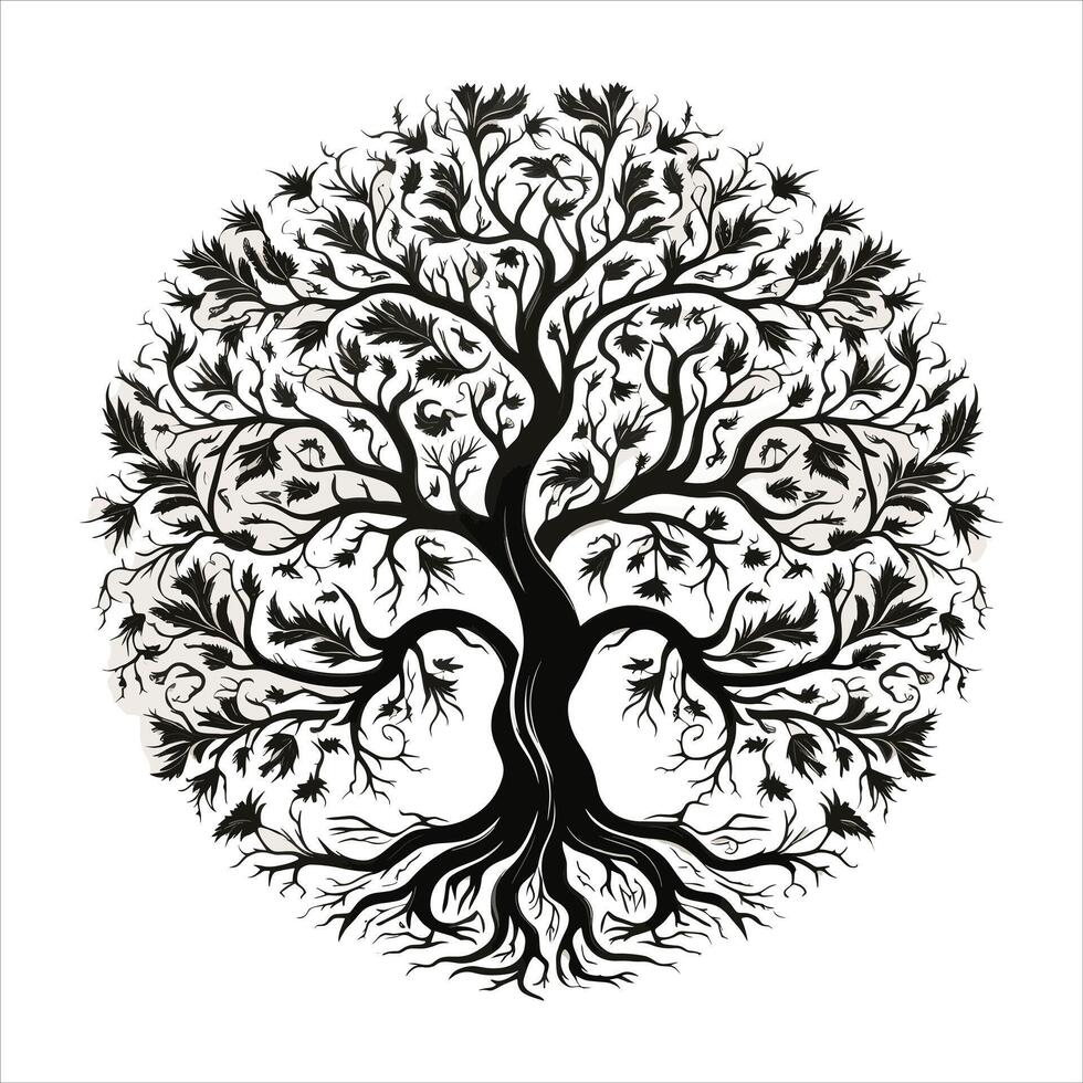 A single black tree silhouettes with birds on white background vector
