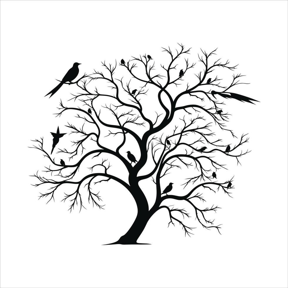 A single black tree silhouettes with birds on white background vector