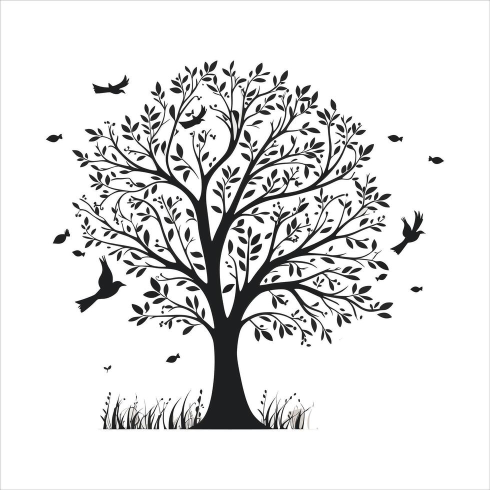 A single black tree silhouettes with birds on white background vector