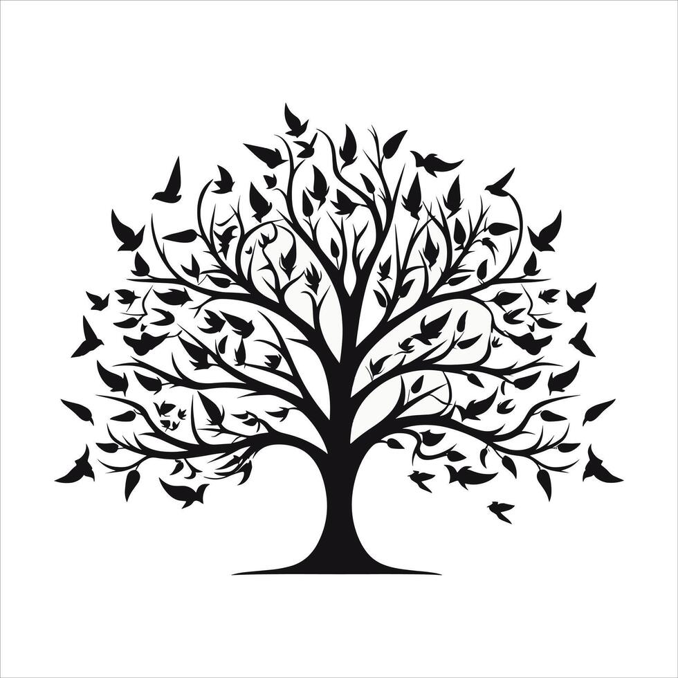 A single black tree silhouettes with birds on white background vector