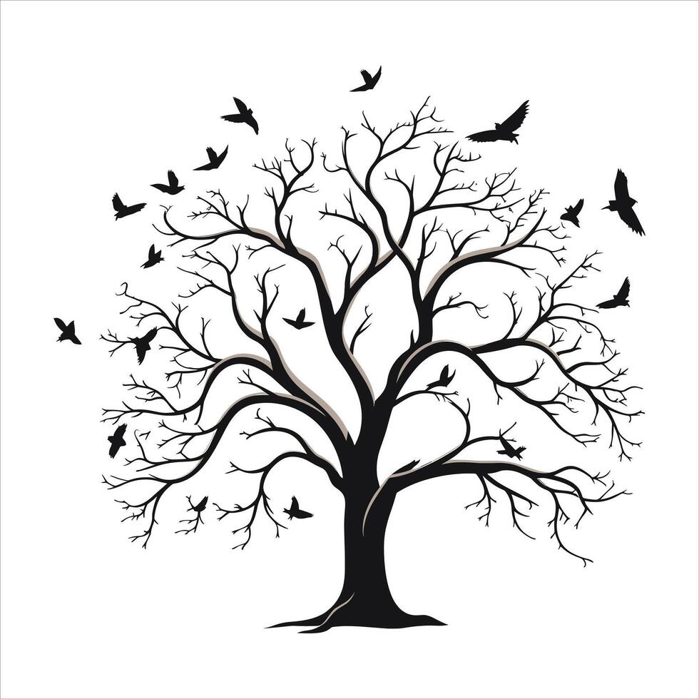 A single black tree silhouettes with birds on white background vector