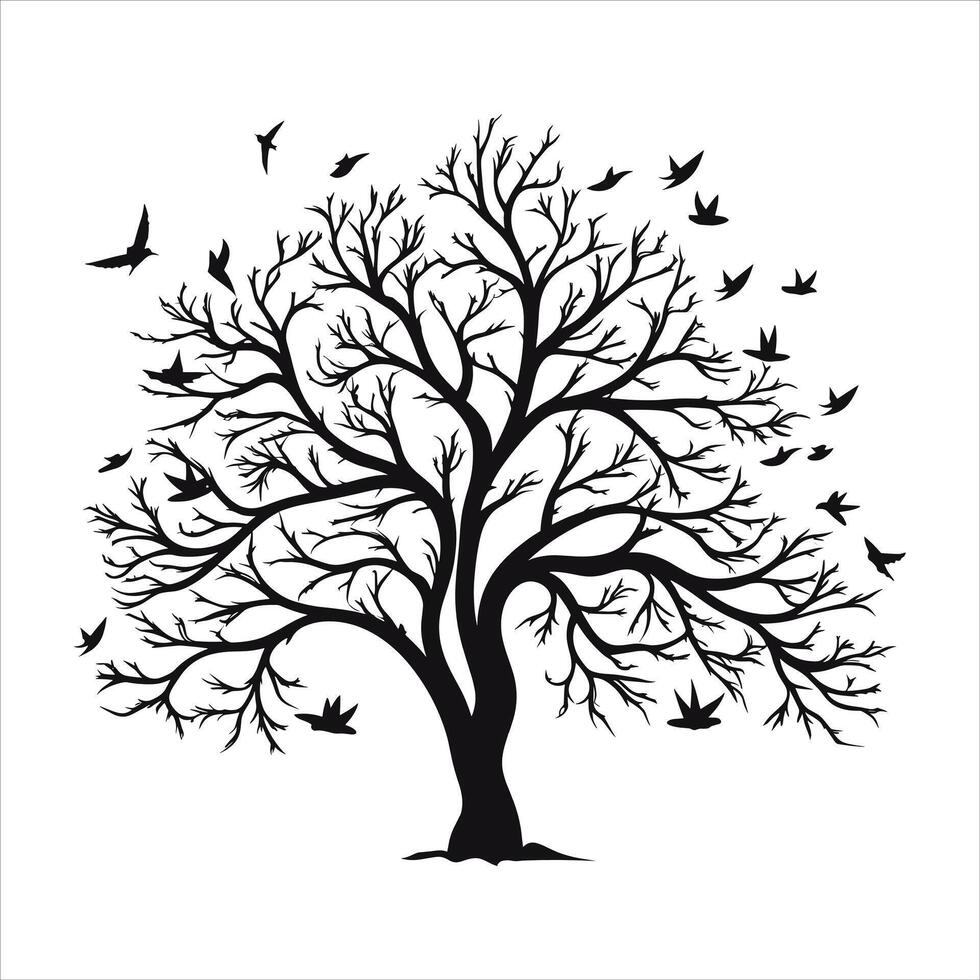 A single black tree silhouettes with birds on white background vector