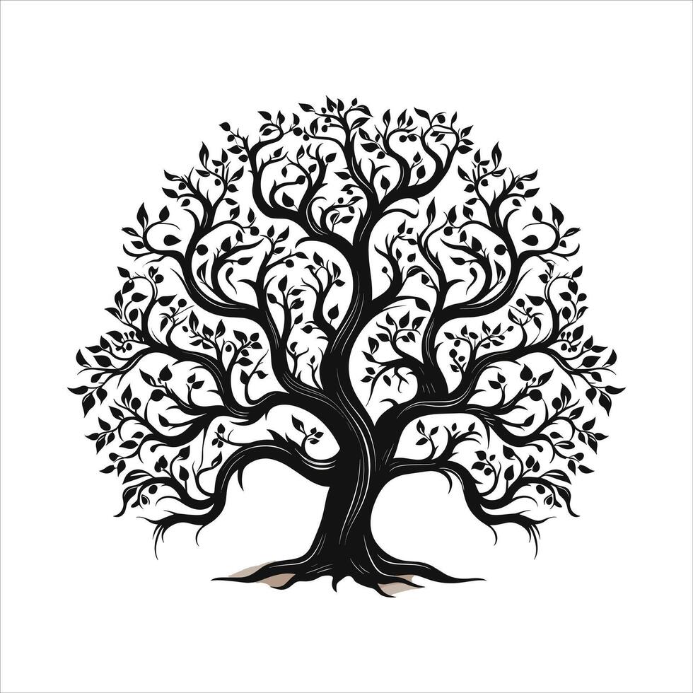 A single black tree silhouettes with birds on white background vector