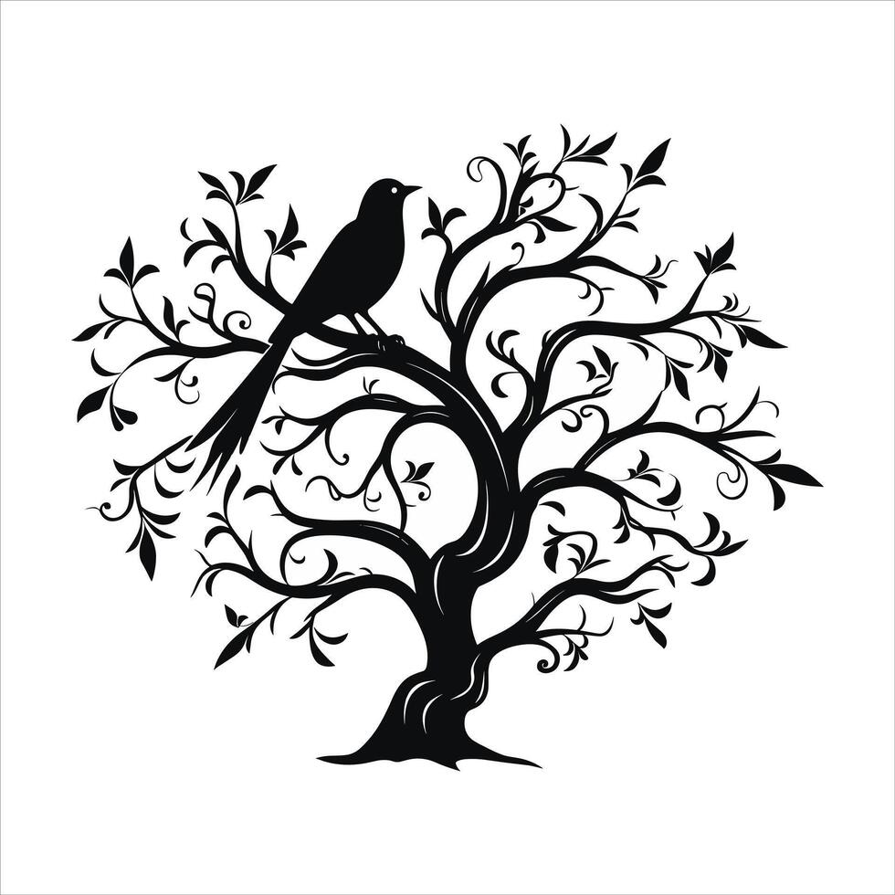 A single black tree silhouettes with birds on white background vector