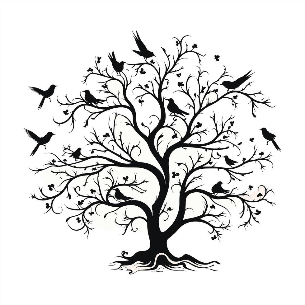 A single black tree silhouettes with birds on white background vector