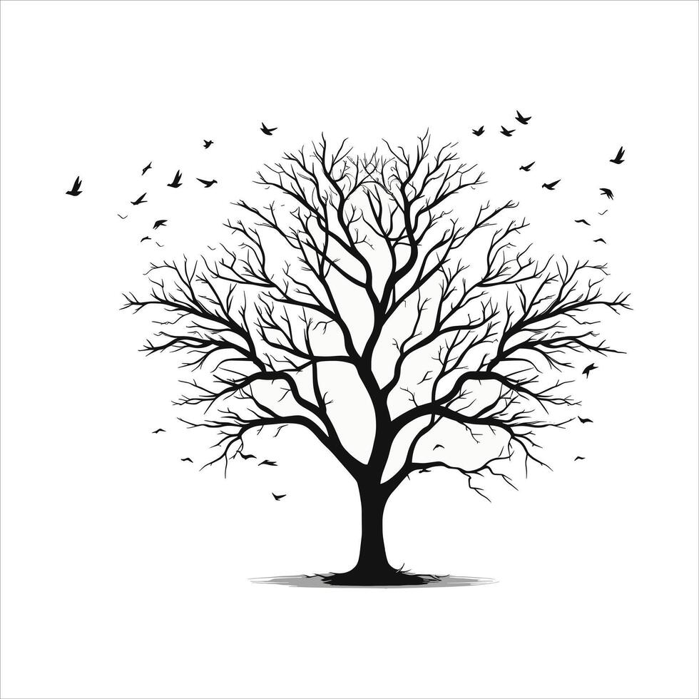 A single black tree silhouettes with birds on white background vector