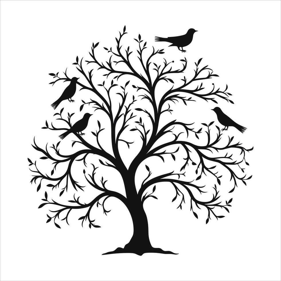 A single black tree silhouettes with birds on white background vector