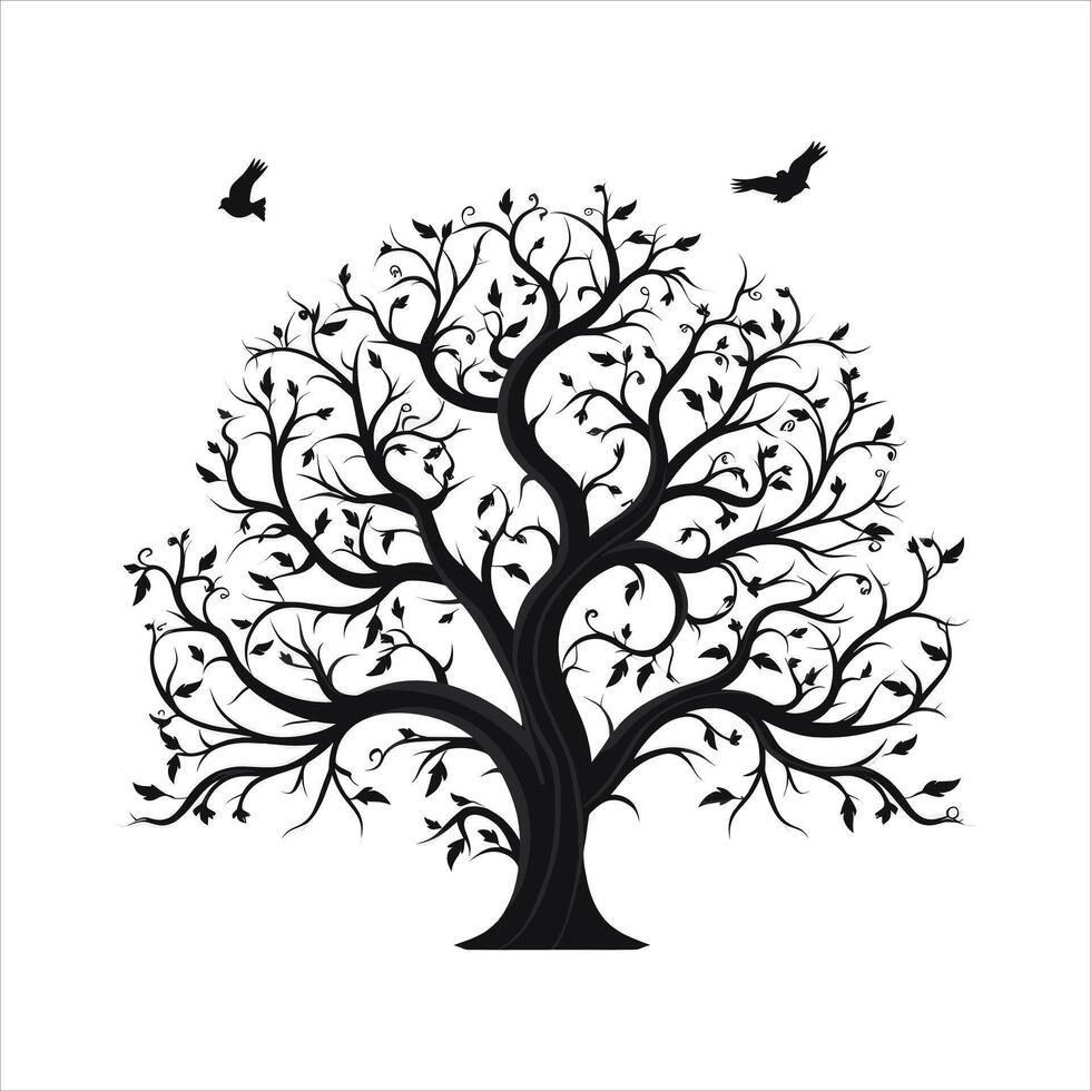 A single black tree silhouettes with birds on white background vector