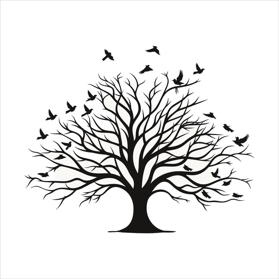 A single black tree silhouettes with birds on white background vector