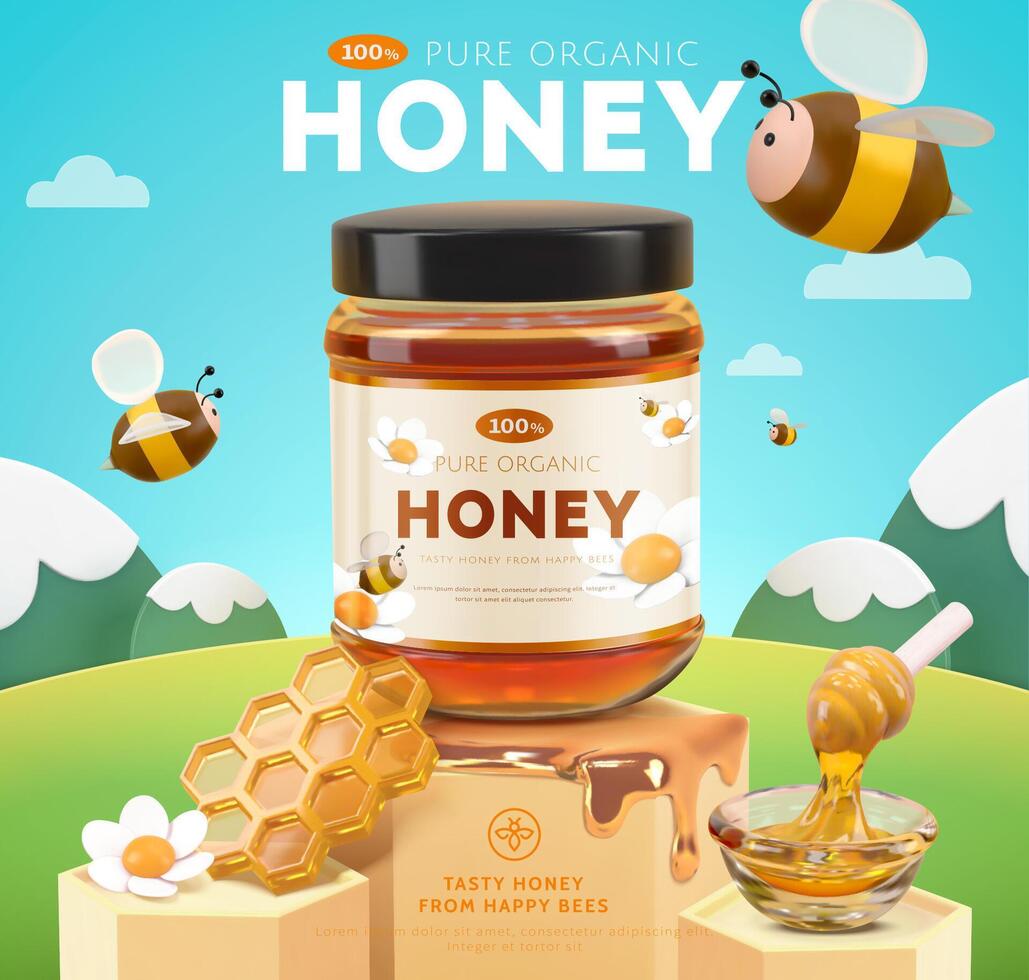 Sweet honey ad template, yellow honeycomb podiums on natural mountain background, 3d illustration vector