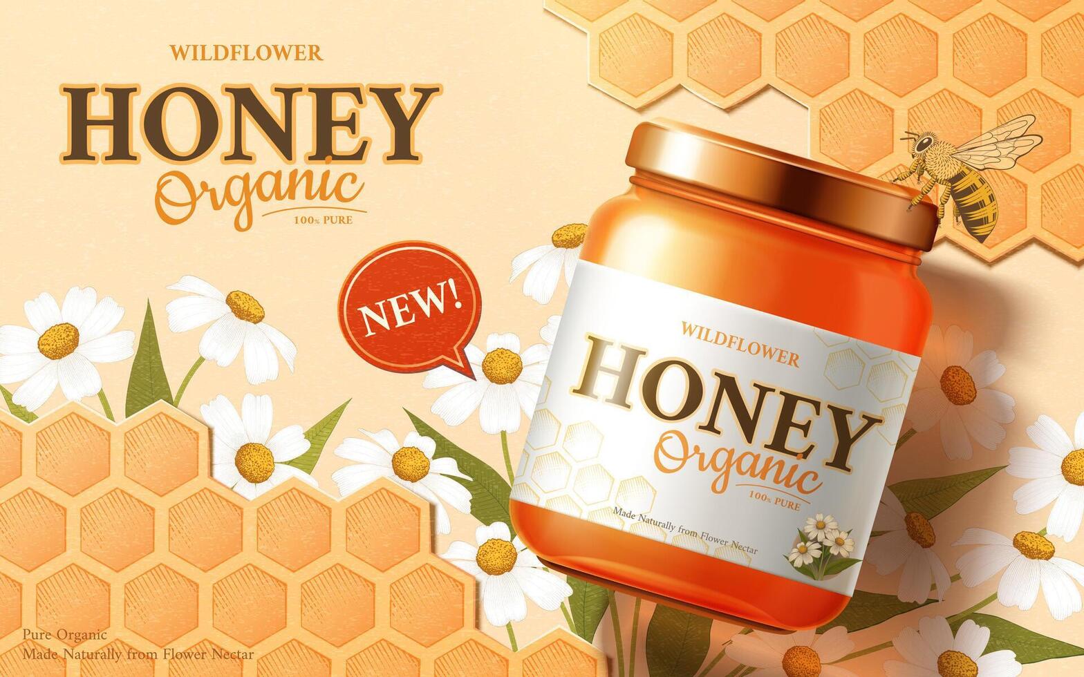Organic honey product with honeybee in 3d illustration on honeycomb and wildflowers design background vector