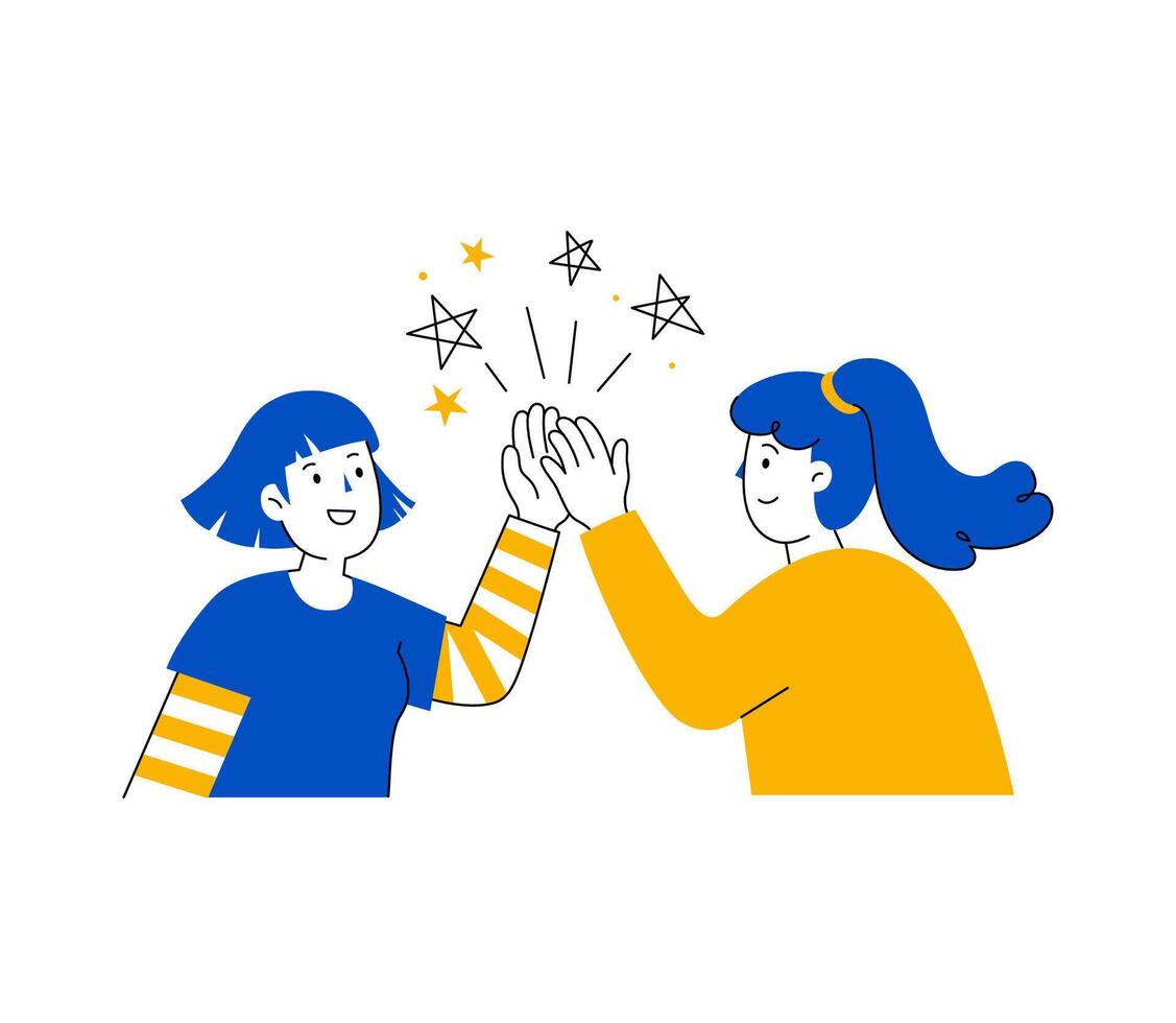 Two girls having high five, concept of friendship and teamwork, illustration in flat design isolated on white background vector