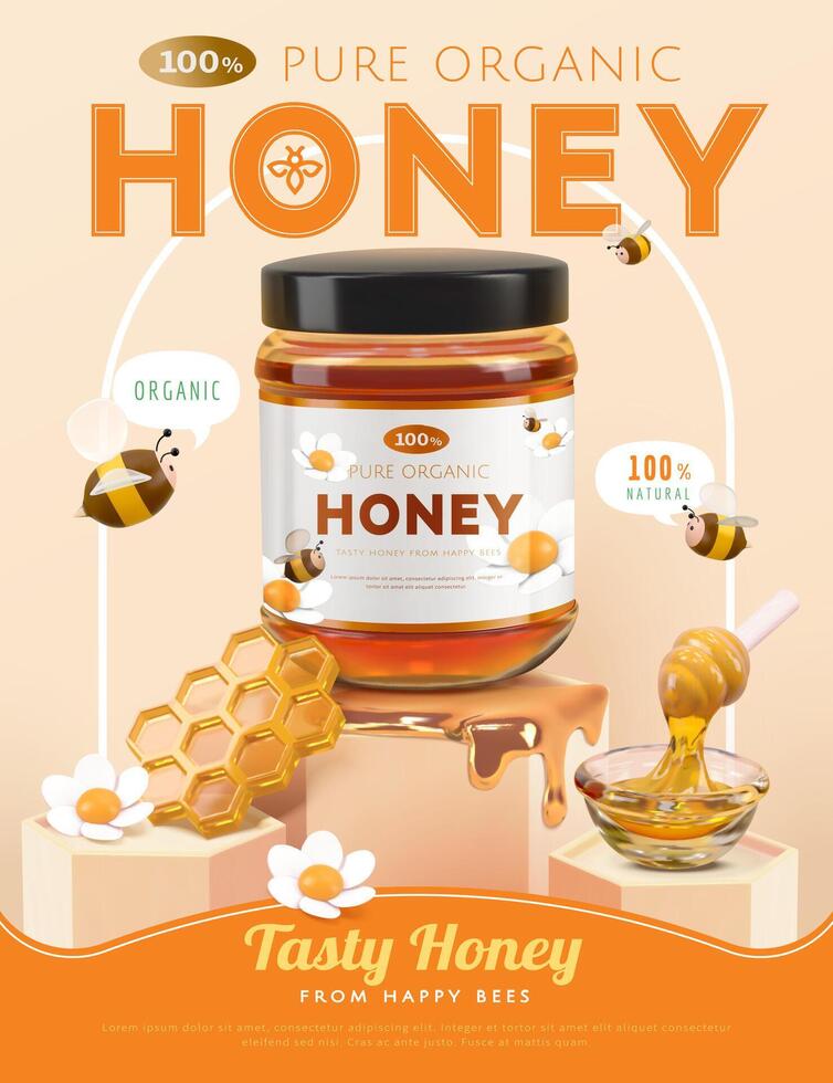 Organic honey ad template, glass jar mock-up set on podium with arch and honeycomb, 3d illustration vector