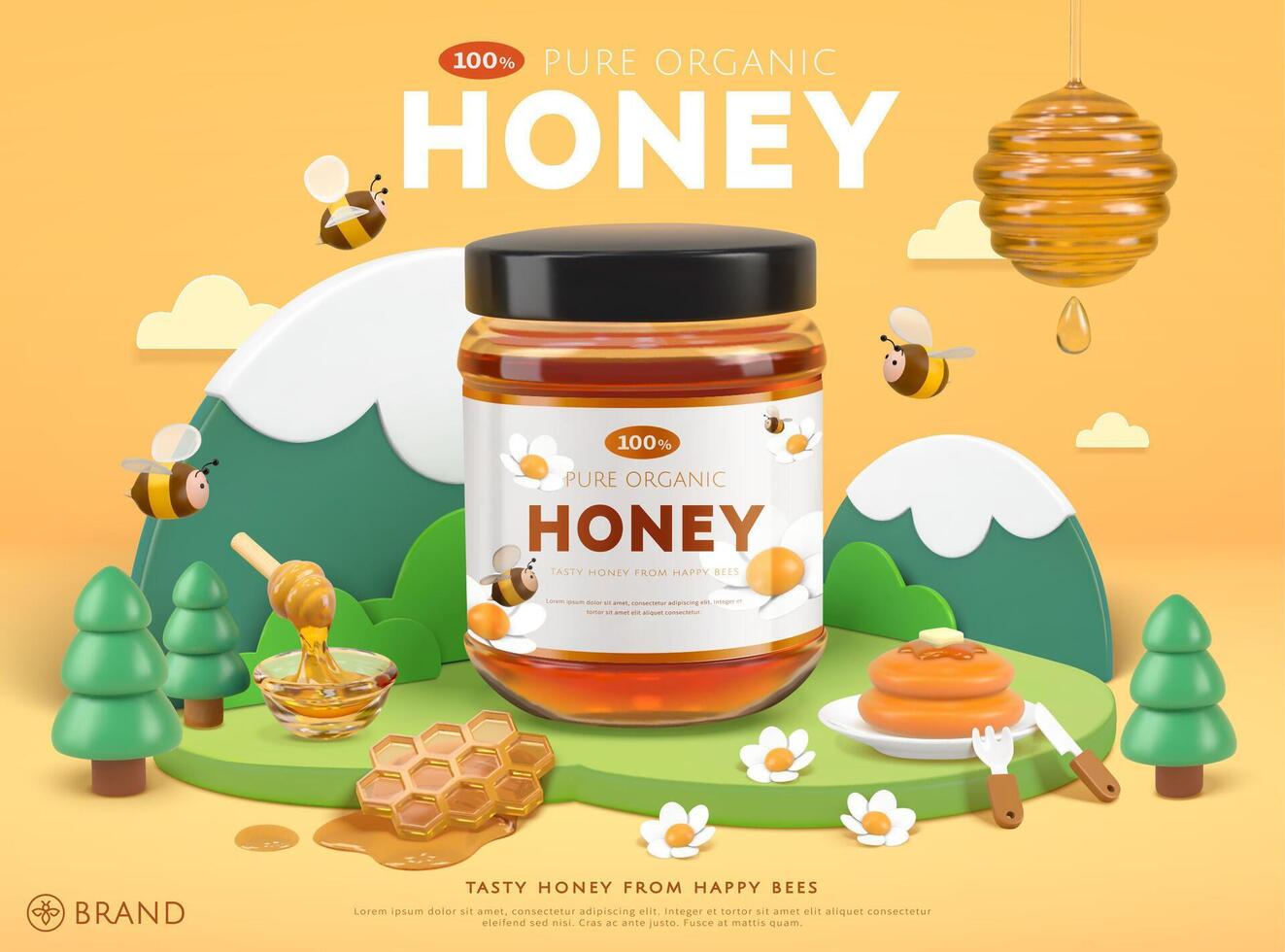 Organic honey ad template with cute bees and miniature natural mountain scene, in cartoon 3d illustration vector