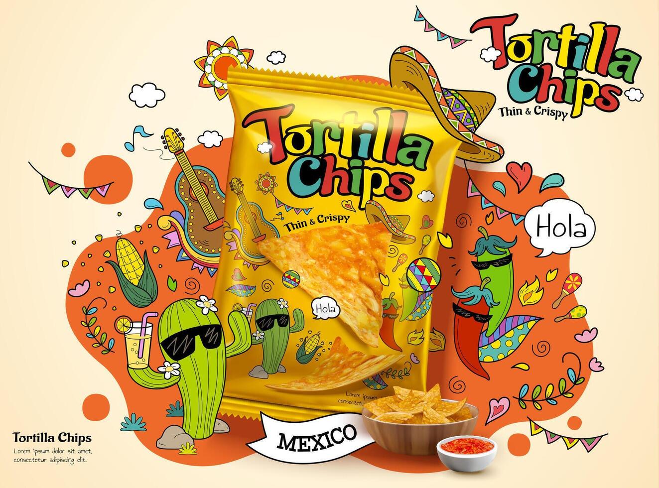 Tortilla corn chip bag in 3d illustration, ad design with cute cartoon cactus and chili illustrations on the background vector