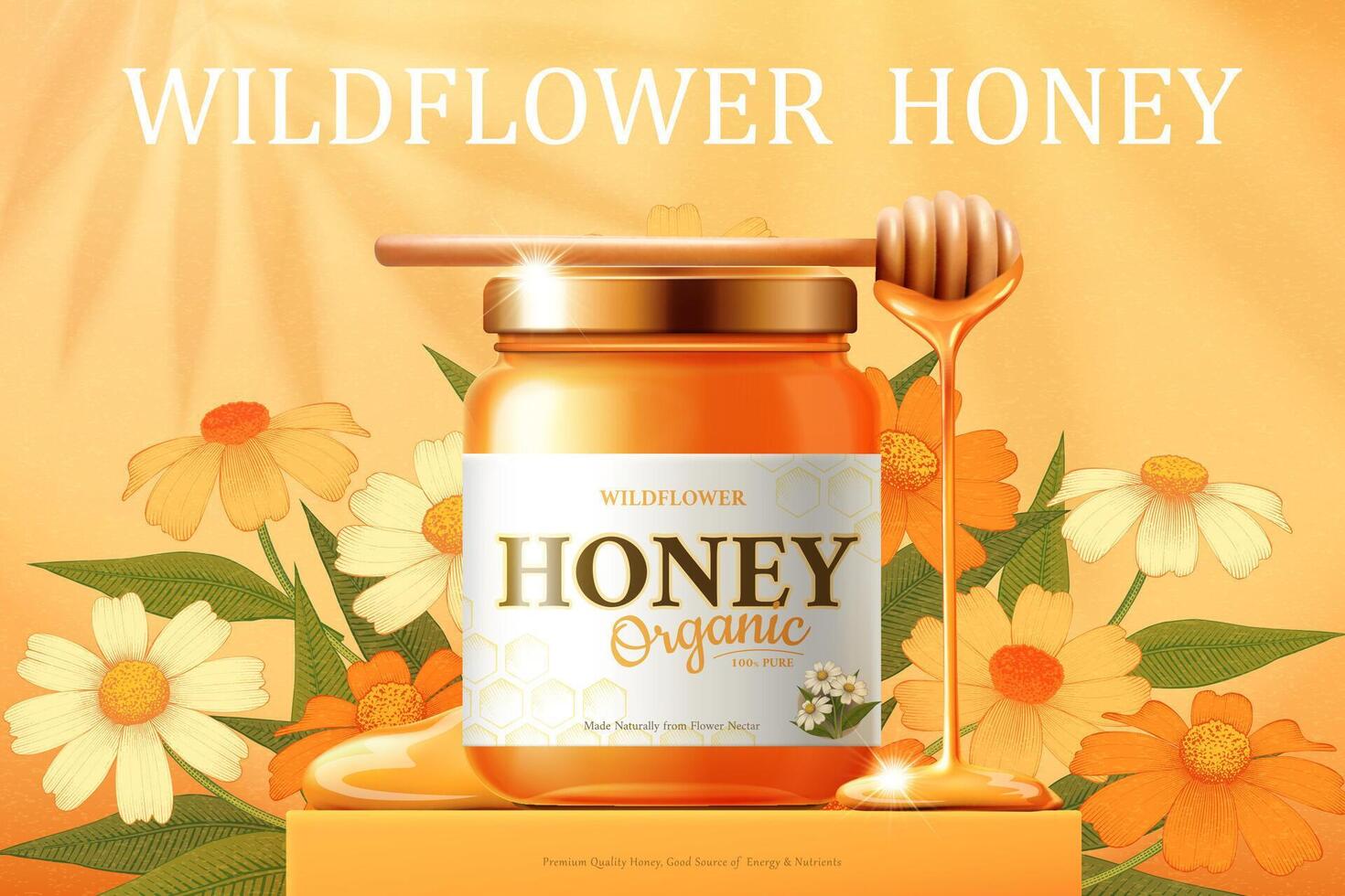 Wildflower honey product package design with honey dipper and dripping liquid in 3d illustration with flowers in background vector