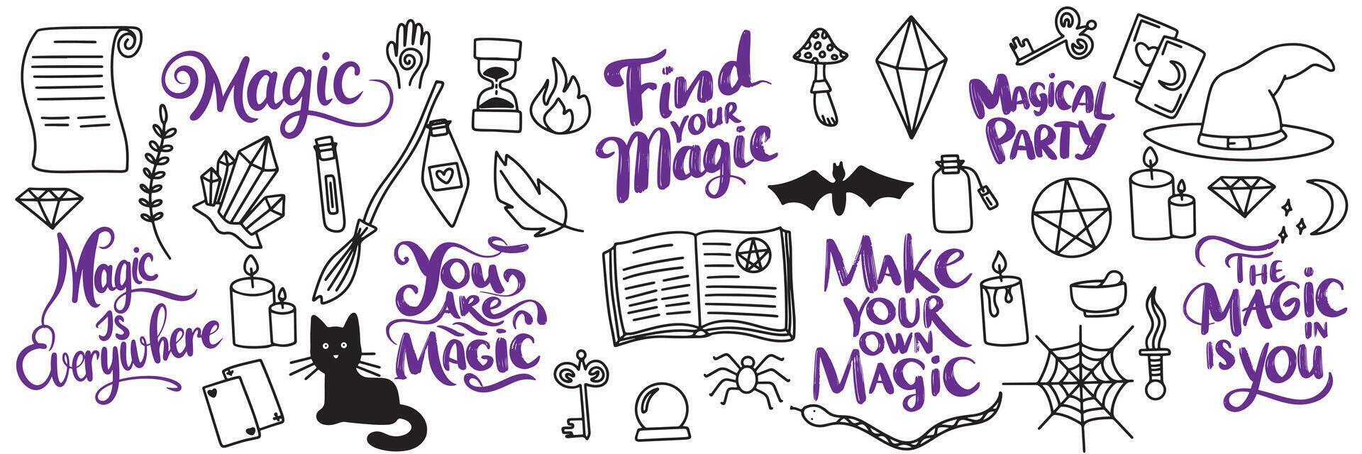 Doodle set of magic objects. Hand drawn art. vector