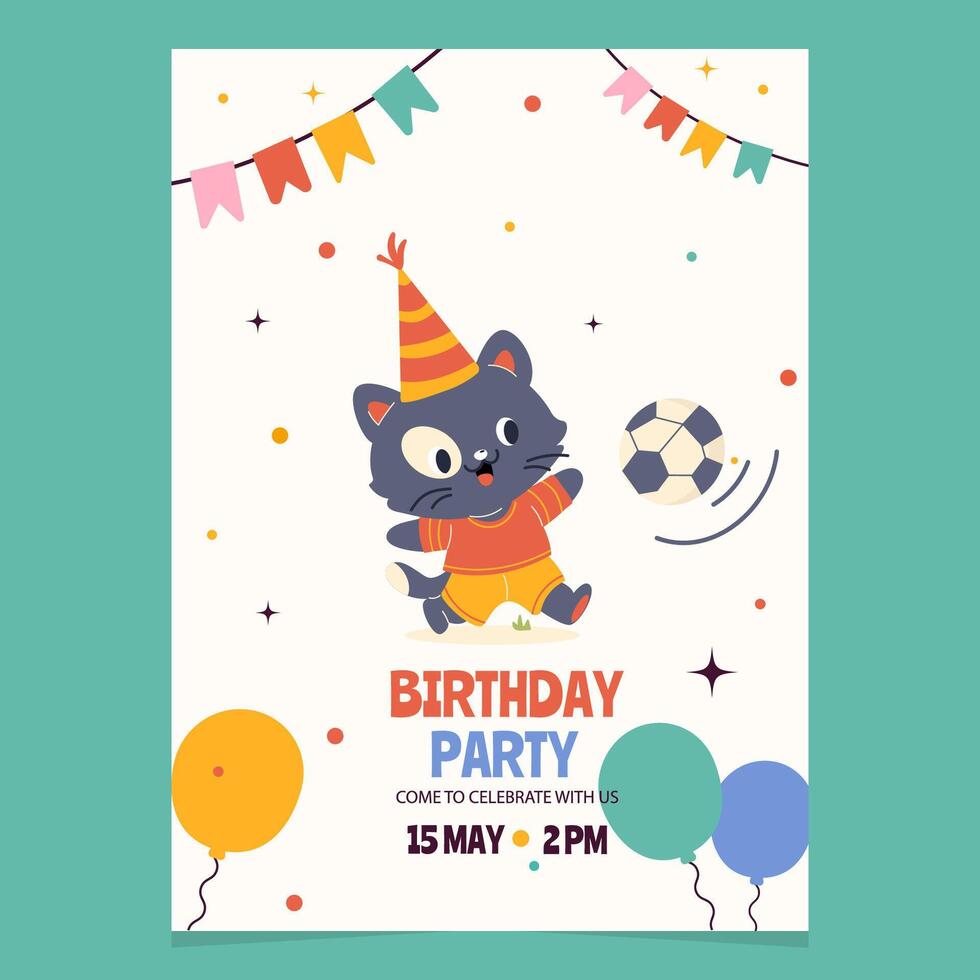Birthday party invitation with cartoon character cat football player vector