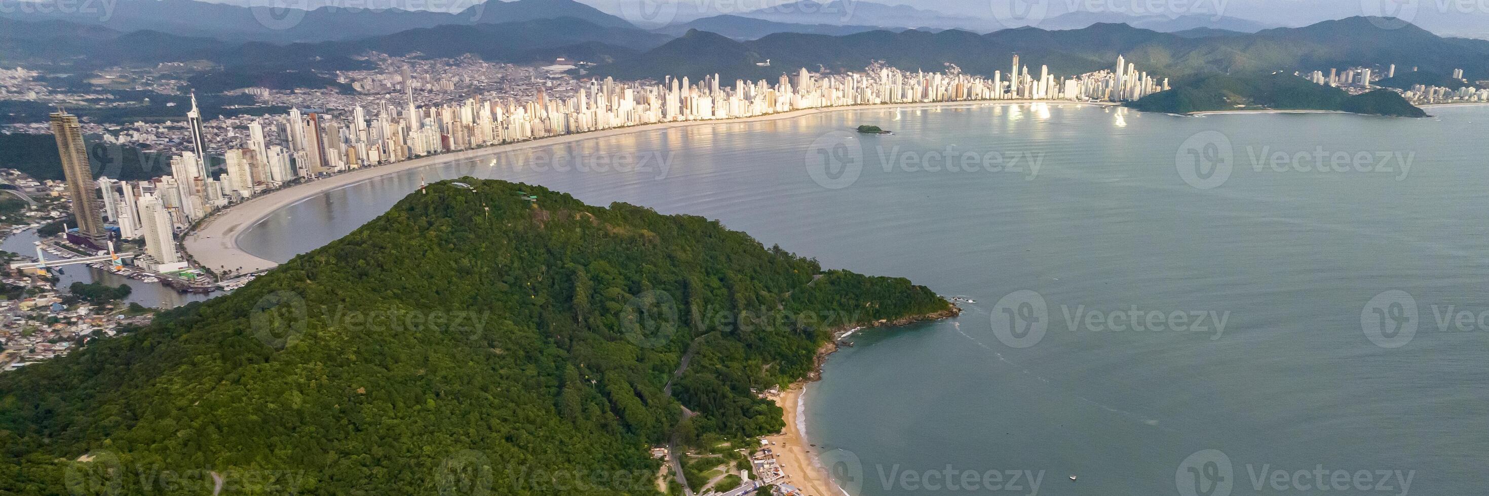 Balneario Camboriu in Santa Catarina. Taquaras Beach and Laranjeiras Beach in Balneario Camboriu. Aerial view in landscape. photo